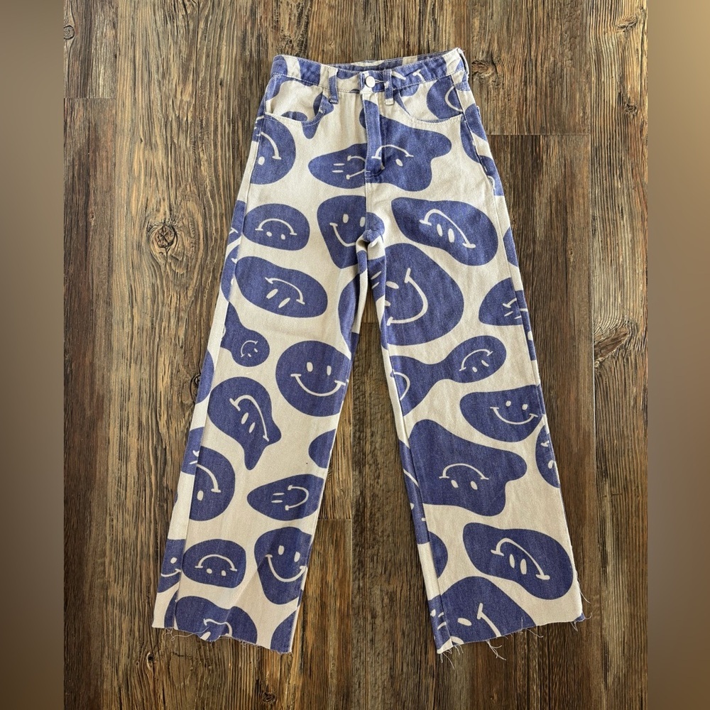 Bailey Rose AOP Wavy Blue Smiley Face Wide Leg Jeans Womens XS (24x26) Raw Hem